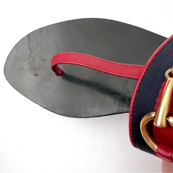 GUCCI || Horsebit Red Blue Web Stripe Black Leather Thong Sandal Flat EU 39 US 9 - Picture 9 of 15